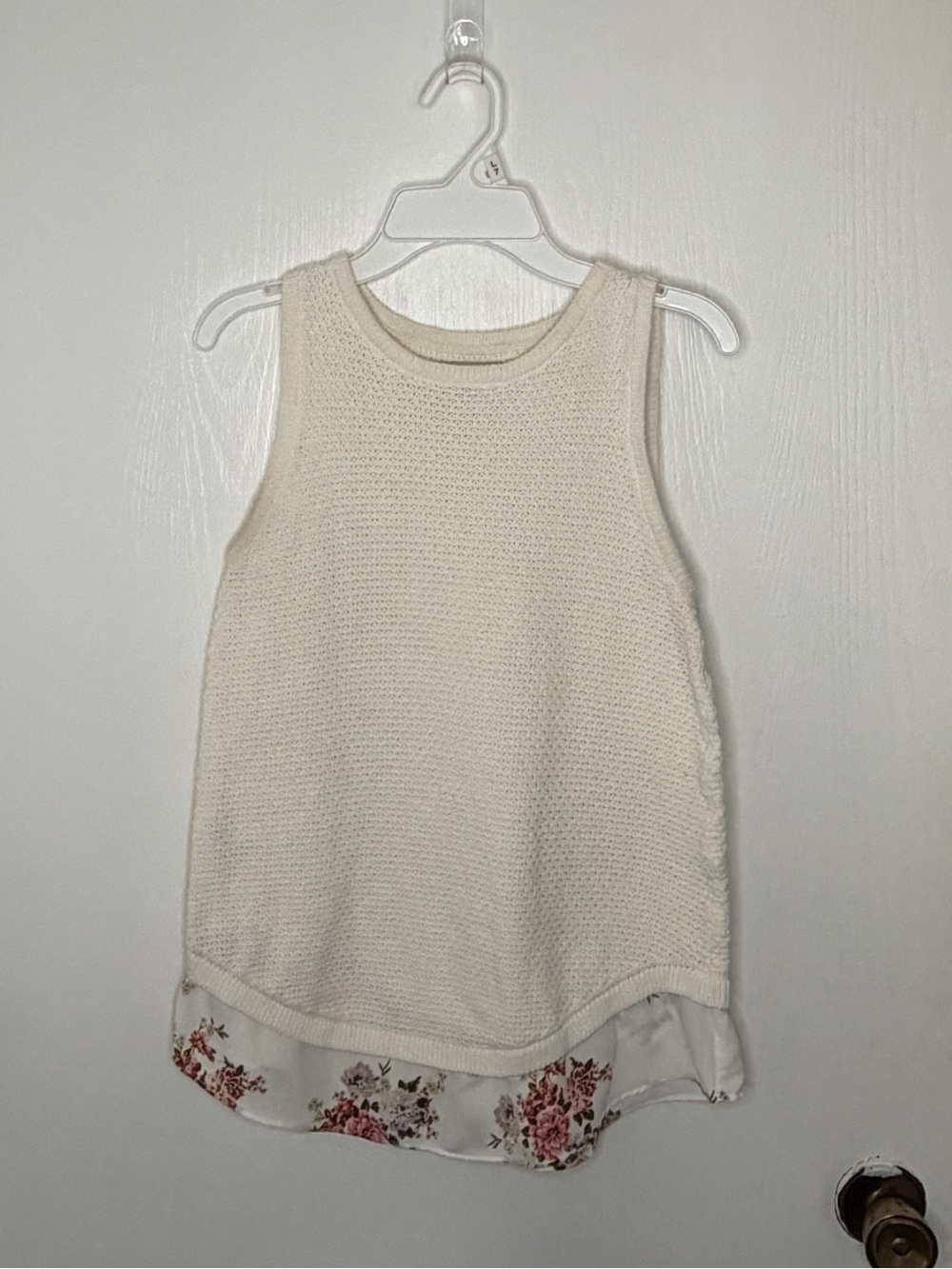 Cream Knit Sleeveless Top with Floral Hem